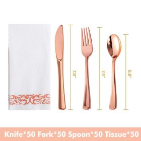 50pcs Gold/Silver Disposable Forks Plastic Tableware Dessert Knives Forks Spoon Cutlery Set Wedding Birthday Party Decor Supply (Color: Rose gold set, Ships From: China)